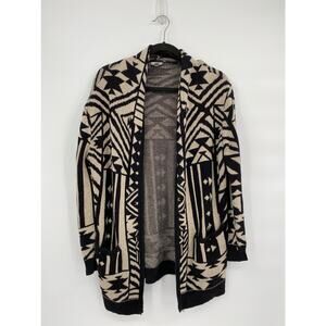 Ecote Printed Open Front Long Sleeve Cardigan Black Beige Size Small